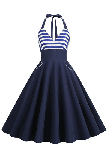 Halter Listras Azul Swing Vestido Retro Com Bolso